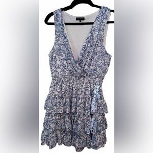 1. State- Smocked Mock Neck Sleeveless Tiered Ruffled Mini Fit and Flare- Large